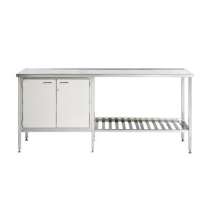 Desk with 2-door cabinet and sliding shelves.
